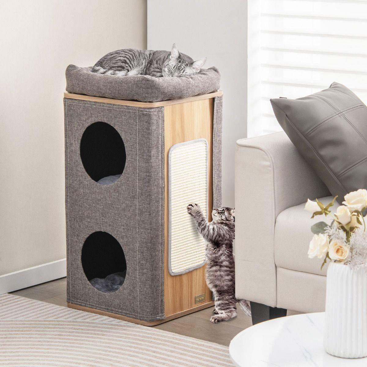 Spieltonne für Katzen, 3-stöckige Katzenhöhle mit Kratzbrett - Askmy4Cats