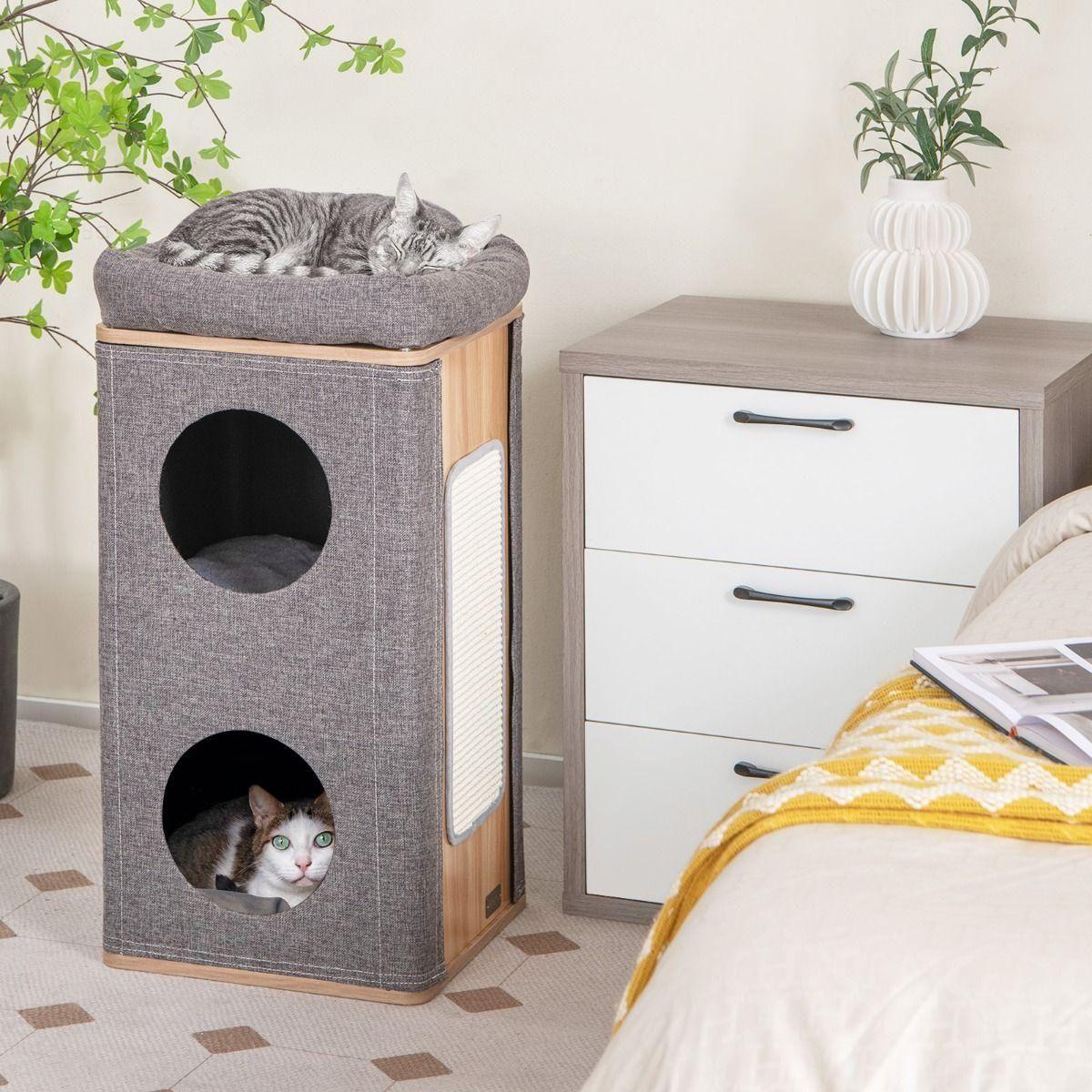 Spieltonne für Katzen, 3-stöckige Katzenhöhle mit Kratzbrett - Askmy4Cats