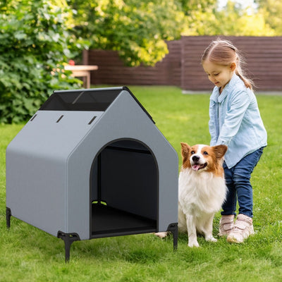 2 in 1 Hundehütte & erhöhtes Hundebett Hundeliege Outdoor Haustierhaus mit atmungsaktivem Netzgewebe Grau - Askmy4Cats