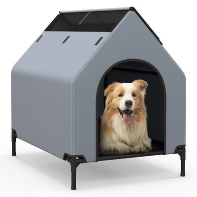 2 in 1 Hundehütte & erhöhtes Hundebett Hundeliege Outdoor Haustierhaus mit atmungsaktivem Netzgewebe Grau - Askmy4Cats