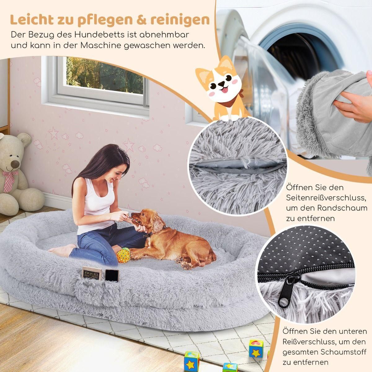 Flauschiges Hundebett für Menschen & Hunde mit Waschbare Hundedecke & Kissen 171 x 115 cm Grau - Askmy4Cats