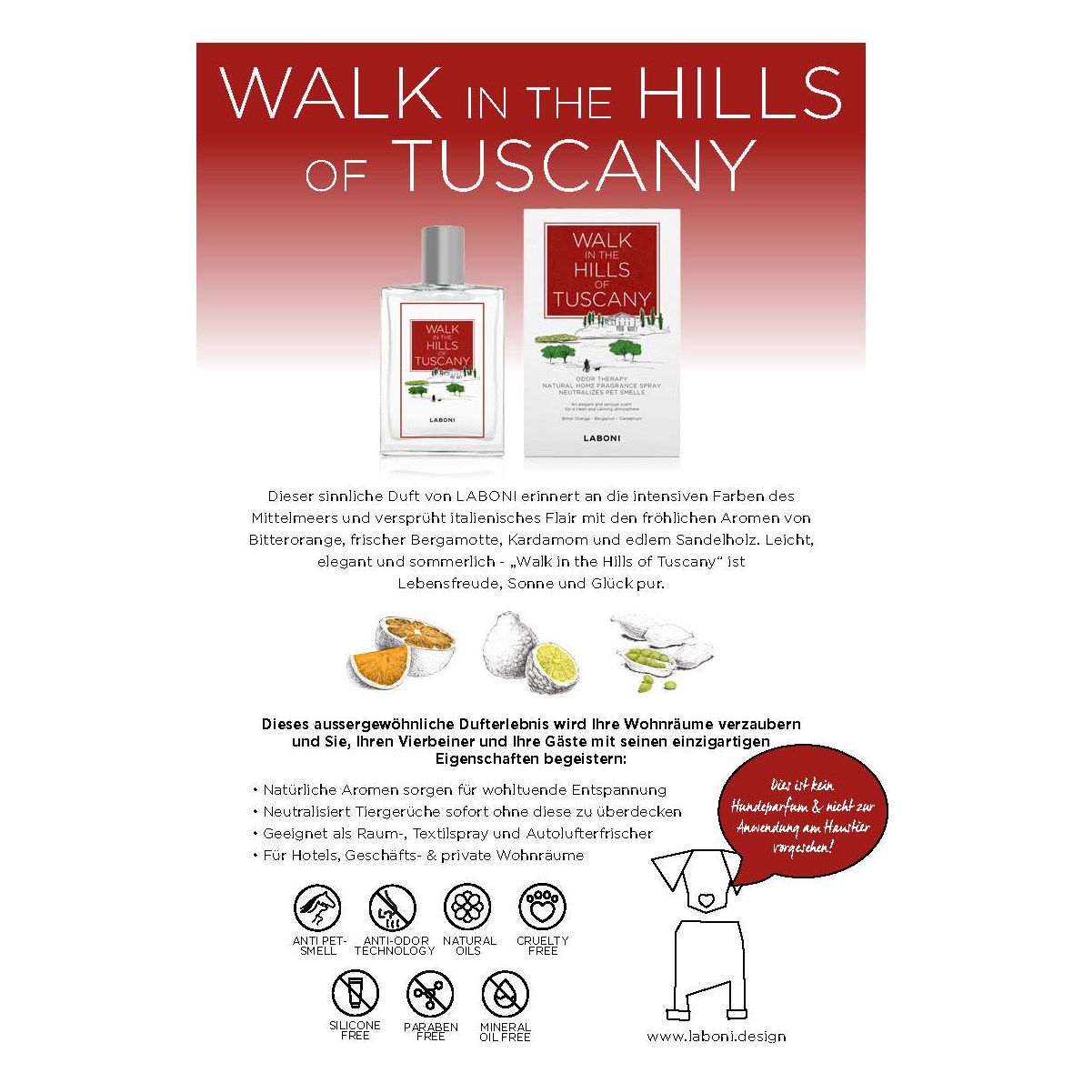 LABONI Walk in the Hills of Tuscany - praktisches Duft-Spray zur Beseitigung von Gerüchen - Askmy4Cats